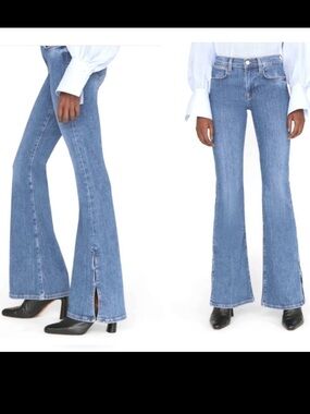 FRAME Le High Flare Mini Slits Jeans Samson Blue Split Hem Denim Size 32